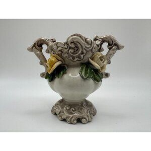 Vintage Signed Bassano Made in Italy Vase Yellow Roses 3D 3.5" tall
